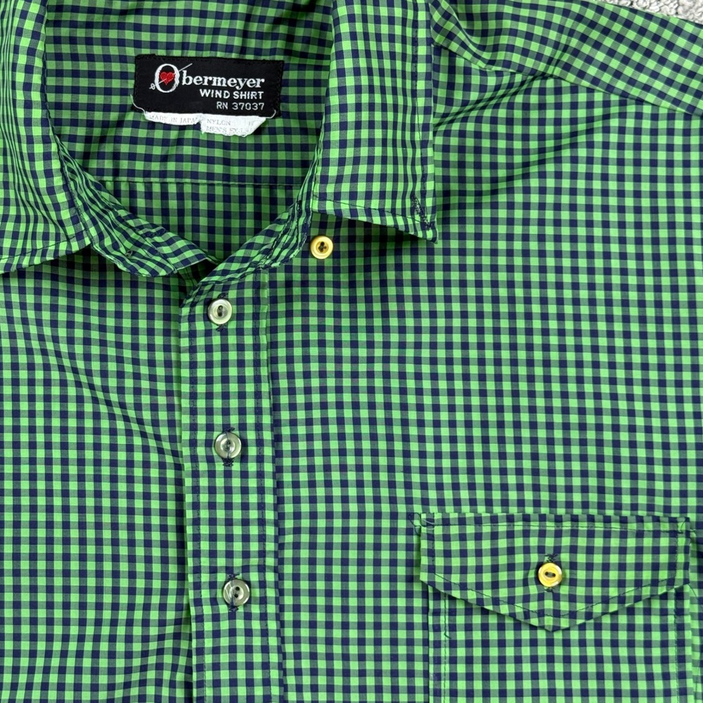 Vintage 70s Obermeyer Wind Shirt L Green Plaid Nylon Ski Pullover Made Japan